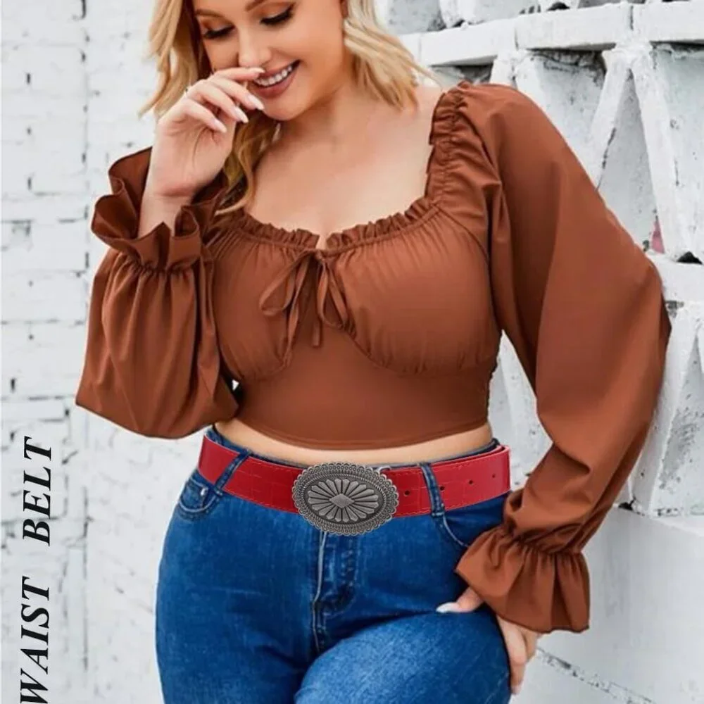 Women Red Faux Leather Western Belt Star Buckle Adjustable for Pants Jeans